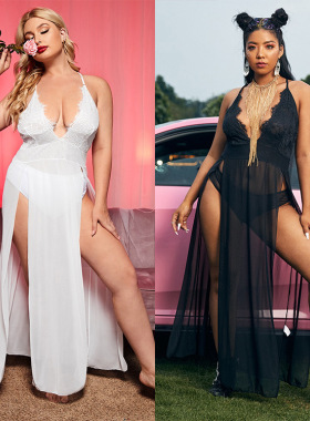 Plus size sexy pajamas big lingerie long dress set fat women