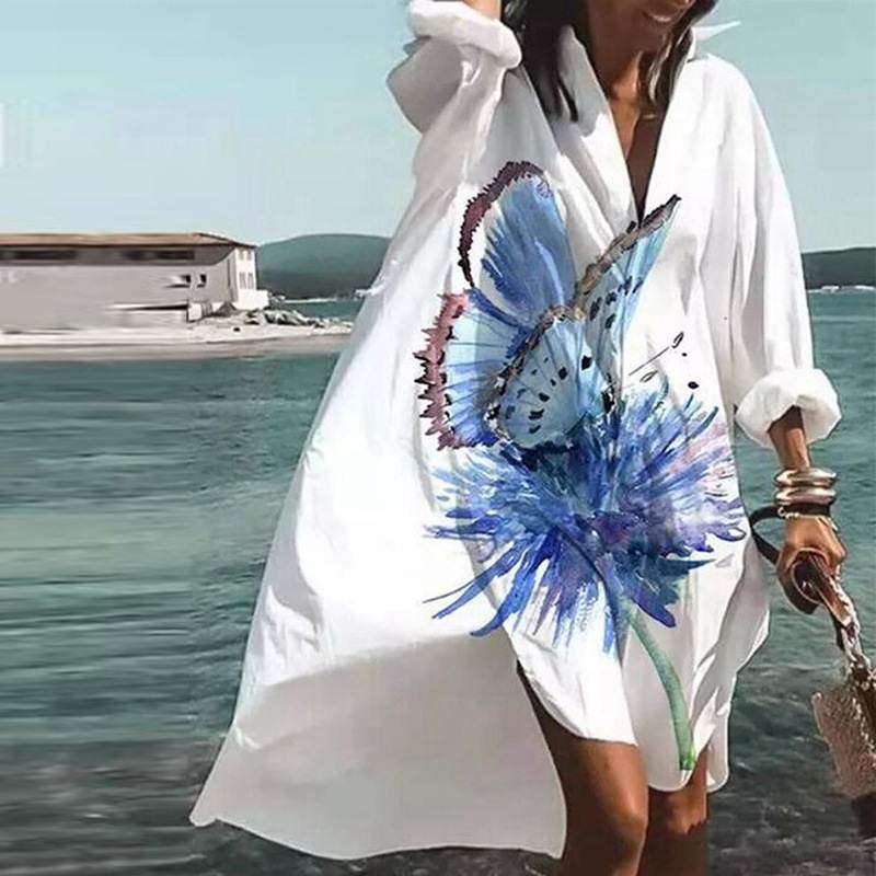 Women Casual loose dress欧美宽松翻领波西米亚沙滩印花连衣裙
