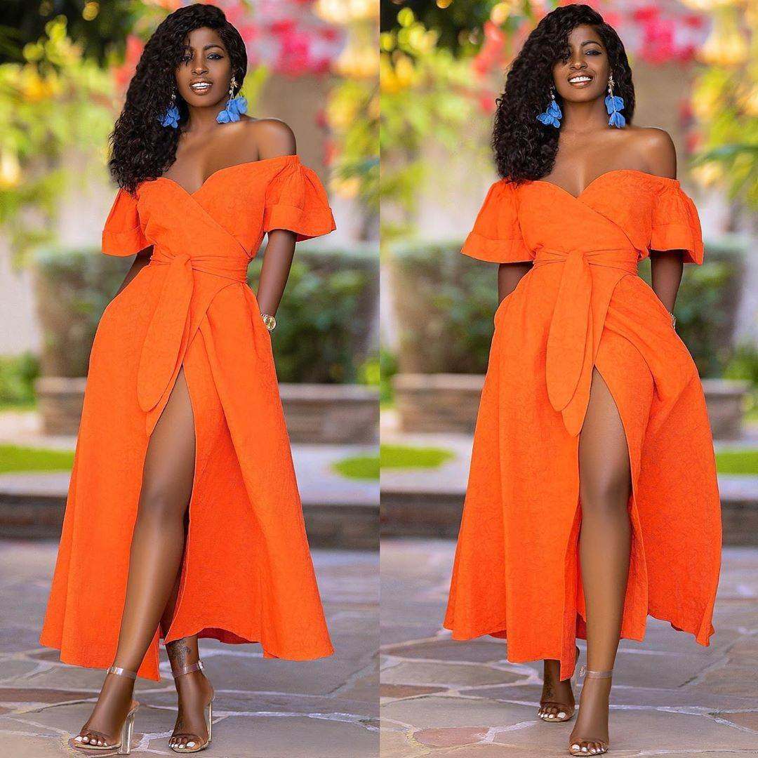 Orange one shoulder dress 橙色一字肩大摆派对收腰礼服连衣裙女
