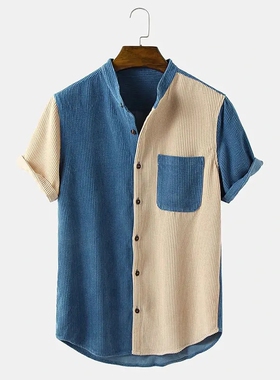 Mens Shirts Summer Stand Collar Patchwork T Shirt Button衬衫