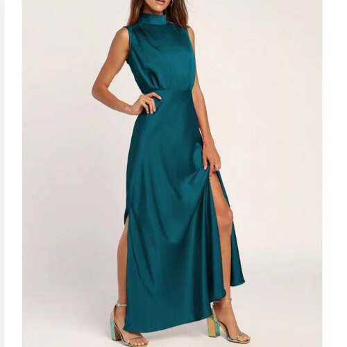 女式晚礼服名媛法式婚礼伴娘缎面开叉连衣裙Party Evening Dress