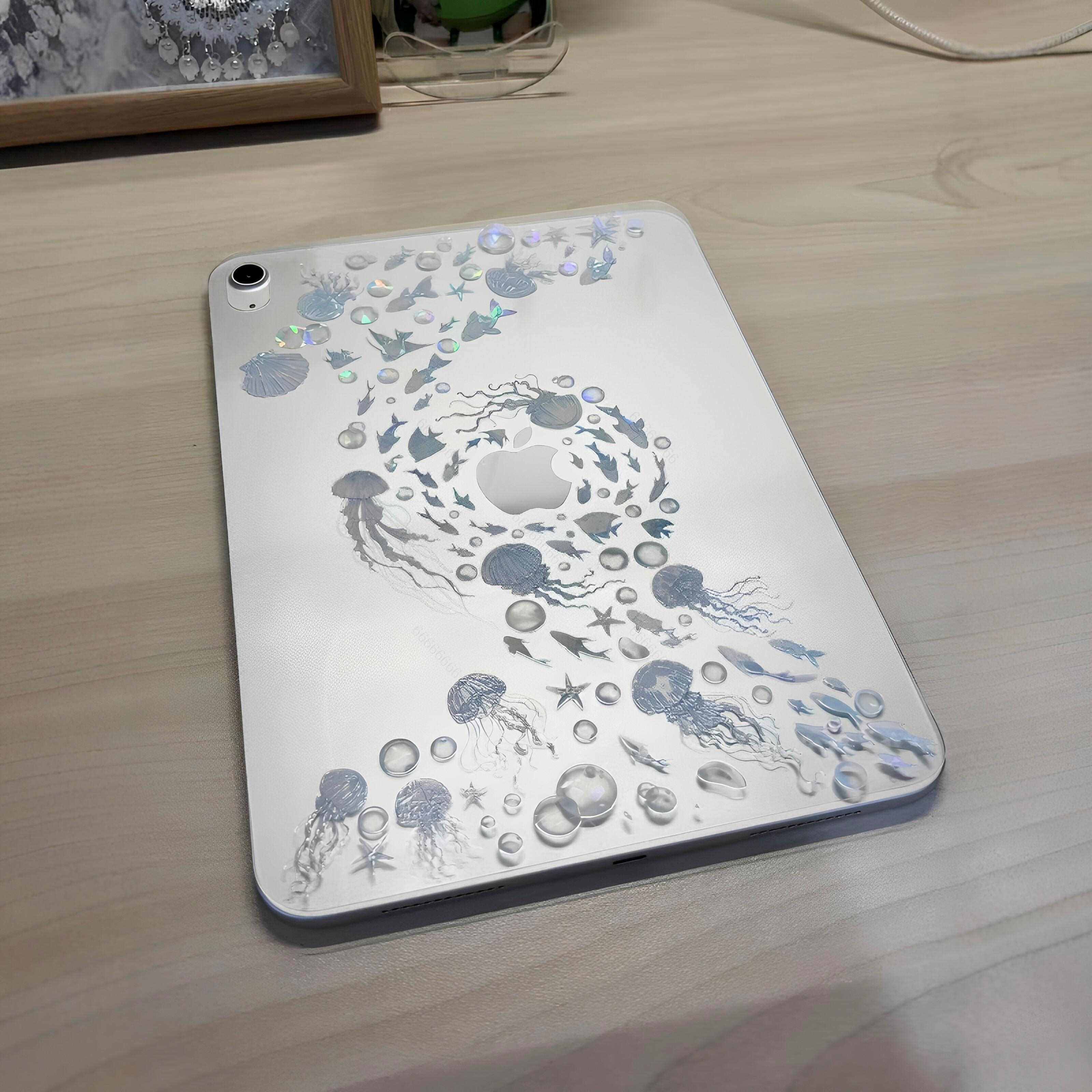 梦幻感海洋水母贴纸ipad平板背面装饰贴3d立体流麻贴遮挡划痕改
