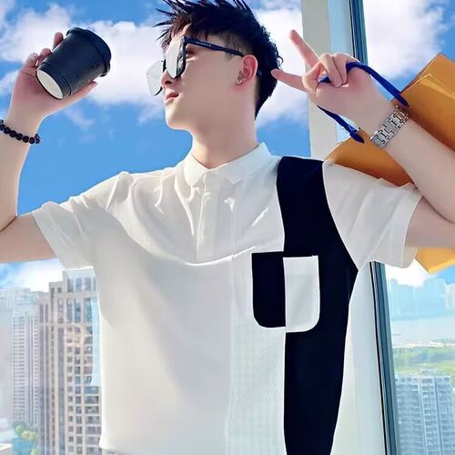 menclothes夏季拼接POLO