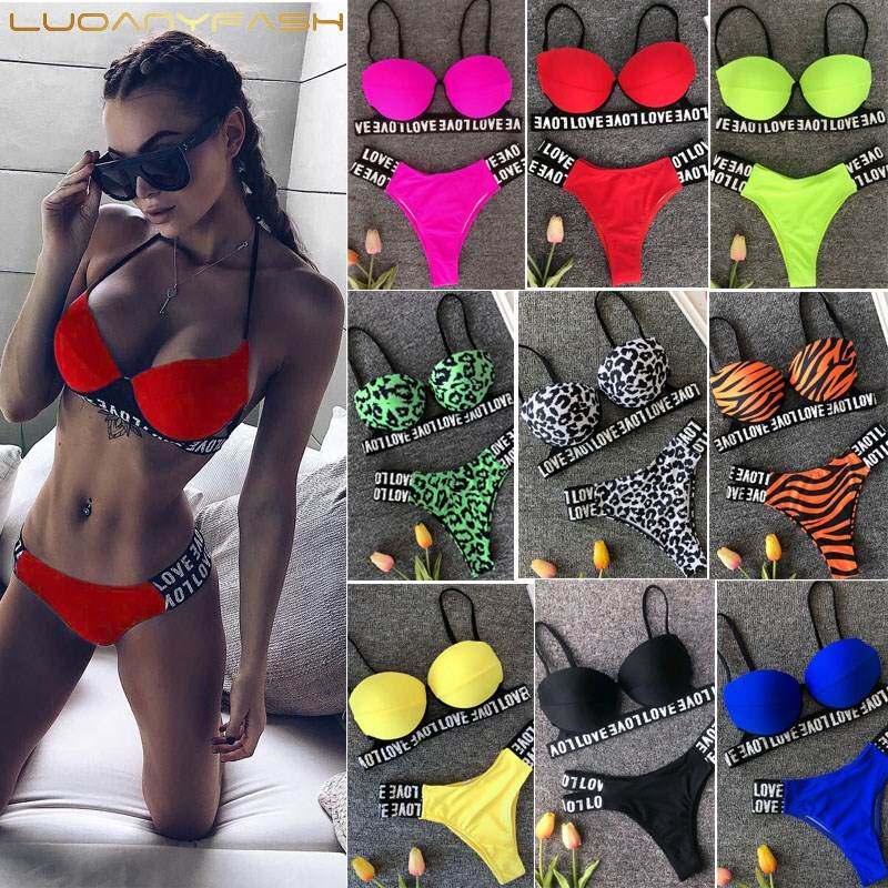 2019硬包LOVE条比基尼分体泳衣bikini字母绷带泳衣拼色度假泳装