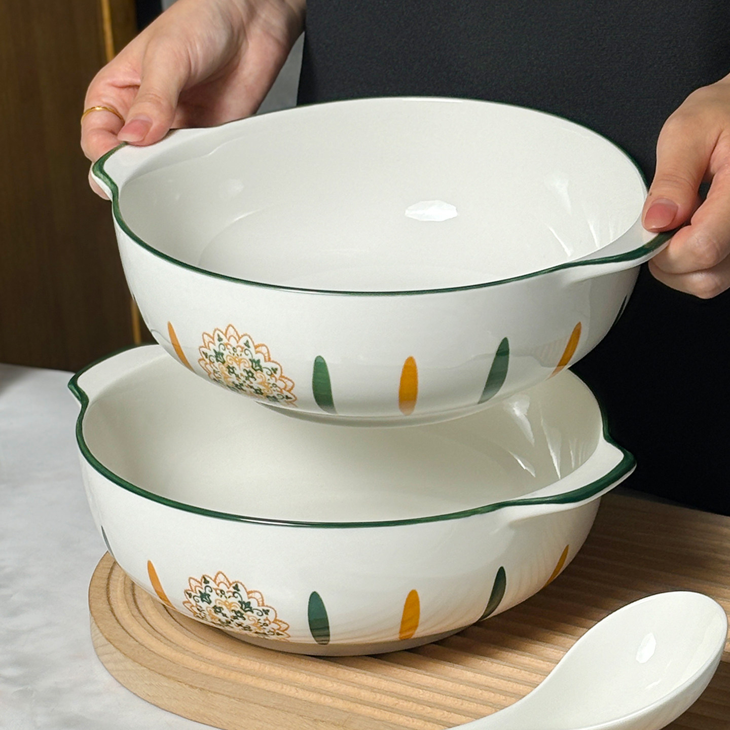 日式双耳汤碗家用盛汤大号陶瓷釉下彩加厚防烫酸菜鱼水煮鱼深汤盆