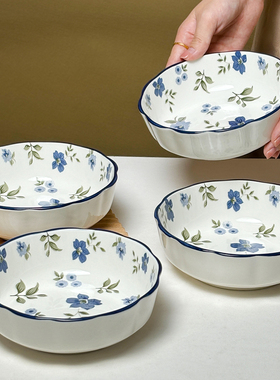 6英寸菜碗ins风南瓜碗高颜值釉下彩蓝色花陶瓷儿童碗甜品碗沙拉碗