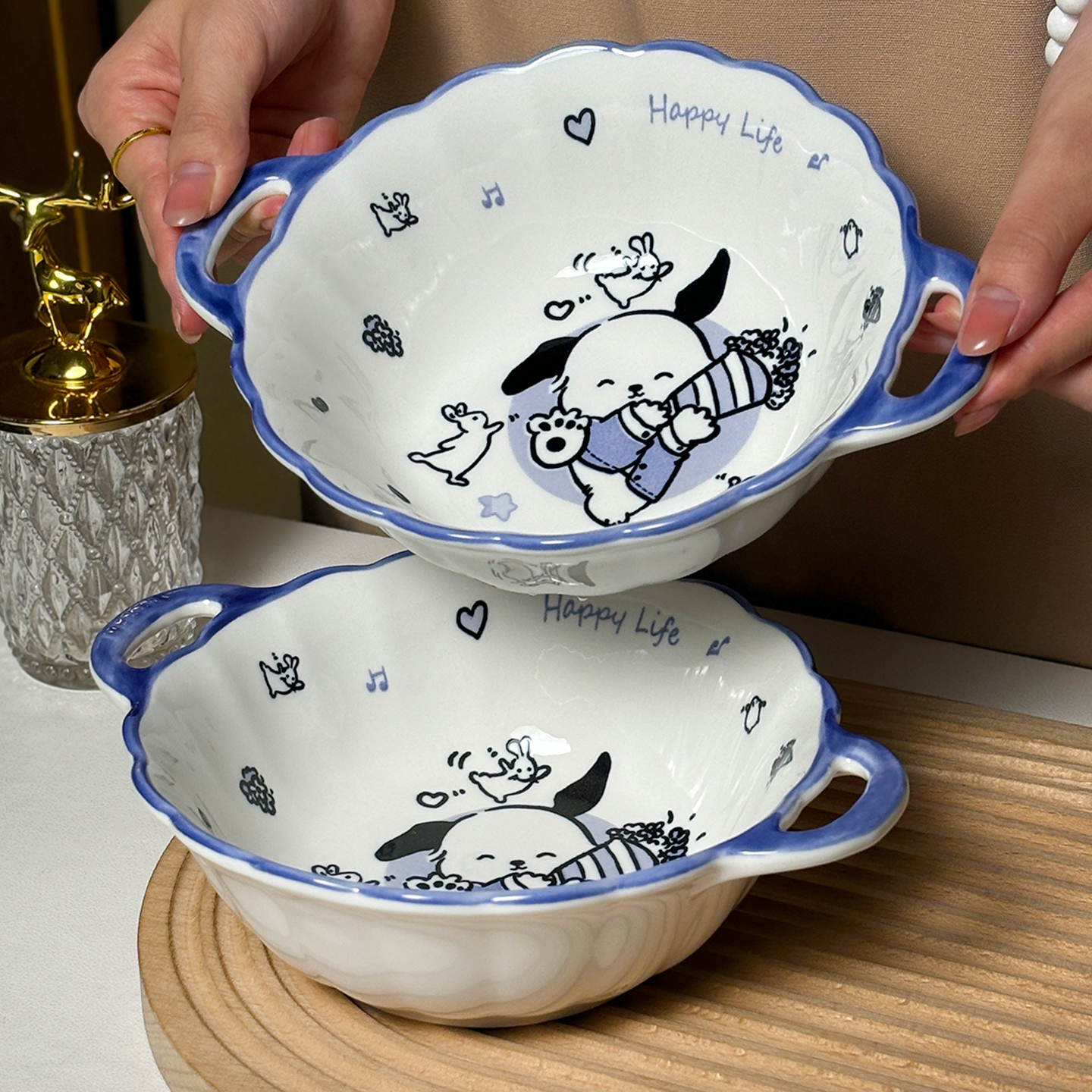 哈帕狗陶瓷双耳碗小号家用高颜值釉下彩汤面碗拌菜凉菜碗螺蛳粉碗