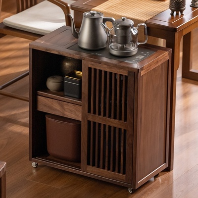 北美黑胡桃木茶水柜新中式可移动茶台茶桌边柜烧水壶一体泡茶边几