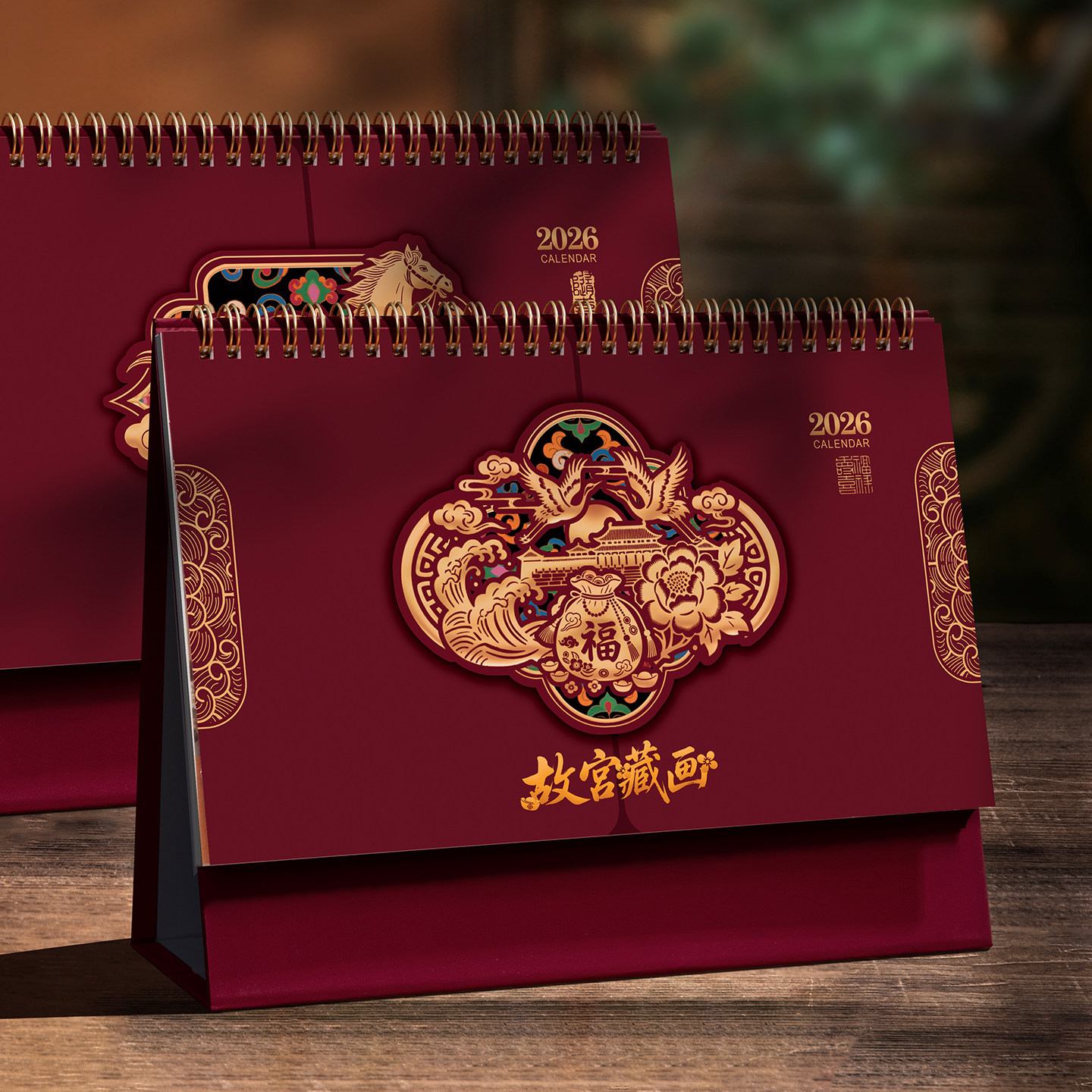 中国风红色立体纸架台历2026年新款桌面定制logo公司广告企业创意摆件计划本办公室桌面马年横款日历工作批发