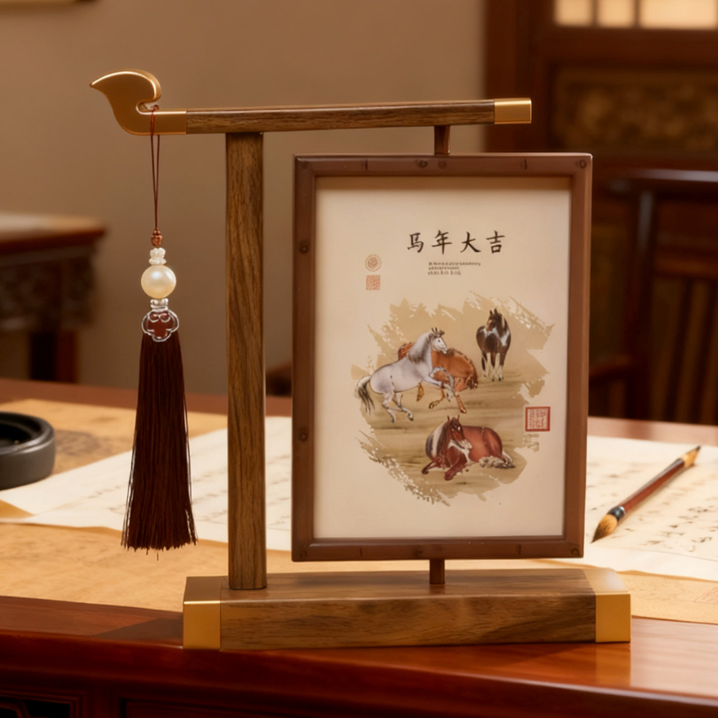 中式木架旋转台历2026年新款定制可印logo商务办公企业公司广告定做桌面摆件高档横款马年中国风日历月历批发