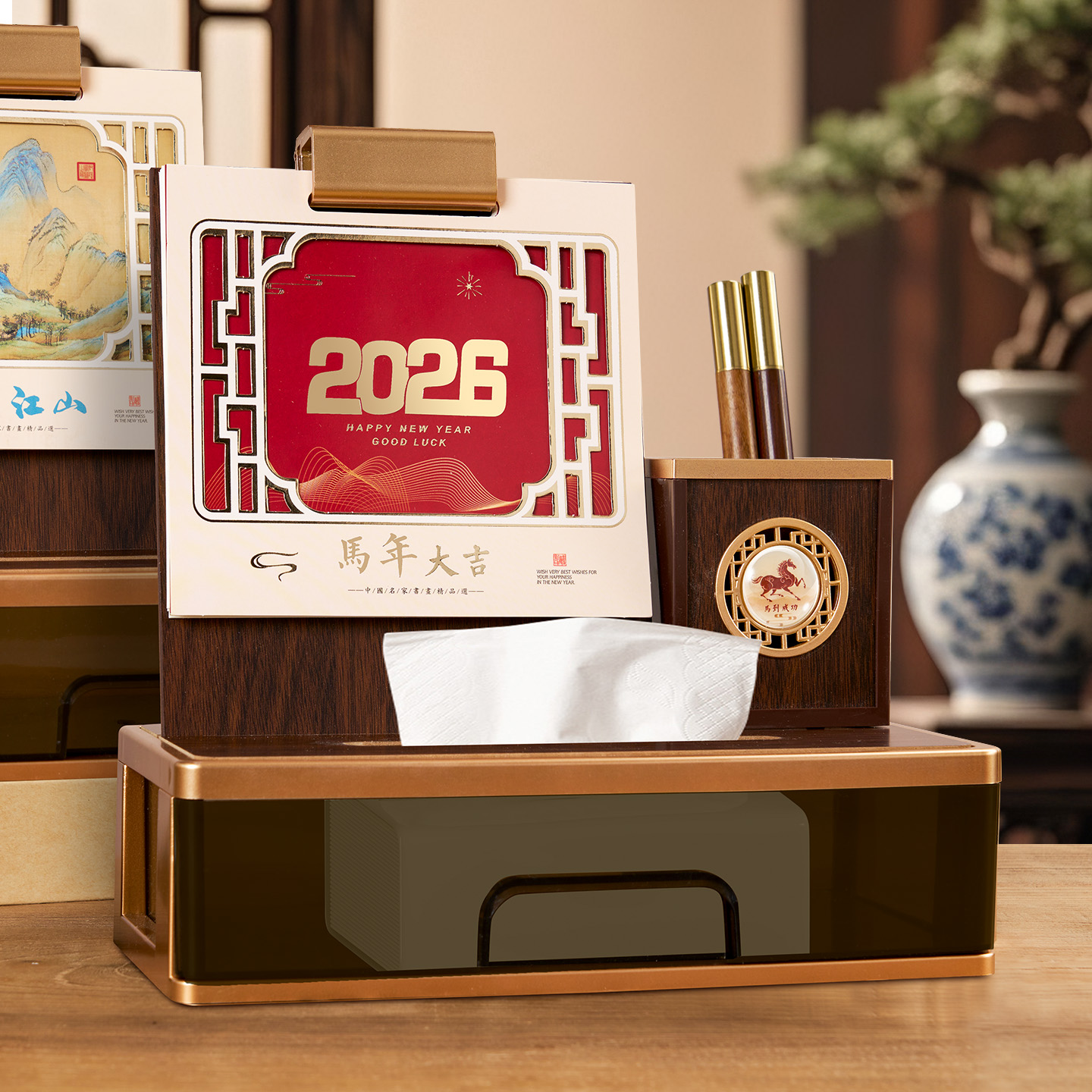 木架纸巾盒滴塑台历2026年新款定制可印logo公司企业商务专版定做办公室桌面创意摆件记事日历本月历日历批发