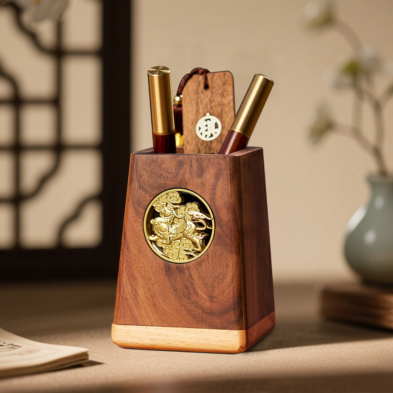 拼接实木笔筒定制2025年新款办公室桌面高档轻奢高级感大容量超大收纳桌面艺术感摆件木质中国风送老师领导