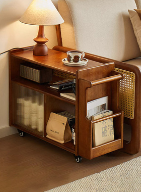中古风全实木移动边几沙发边桌多层储物带轮小推车客厅收纳置物架