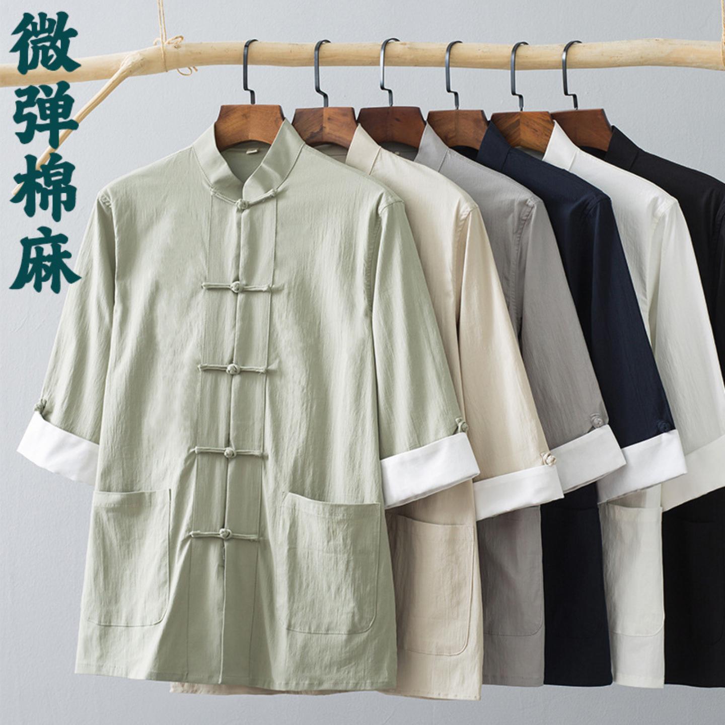 唐装男短袖复古棉麻衬衫