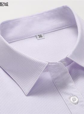 新款光大行服女紫色细条纹衬衫方领长短袖职业工装衬衣工作服