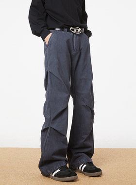 URS GGON美式复古水洗做旧褶皱工装裤潮牌宽松微喇休闲裤男女同款