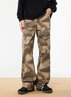 URS GGON美式复古乱针刺绣迷彩工装裤男女潮牌宽松微喇叭休闲裤