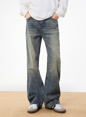 URS GGON美式复古水洗做旧微喇叭牛仔裤男女潮牌宽松休闲长裤秋冬