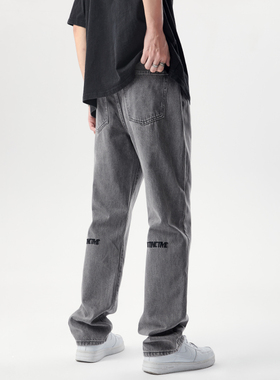 URS GGON烟灰色水洗复古牛仔裤情侣潮牌刺绣美式休闲宽松直筒长裤