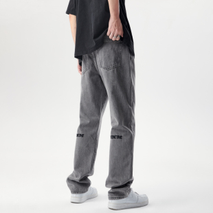 休闲宽松直筒长裤 情侣潮牌刺绣美式 GGON烟灰色水洗复古牛仔裤 URS