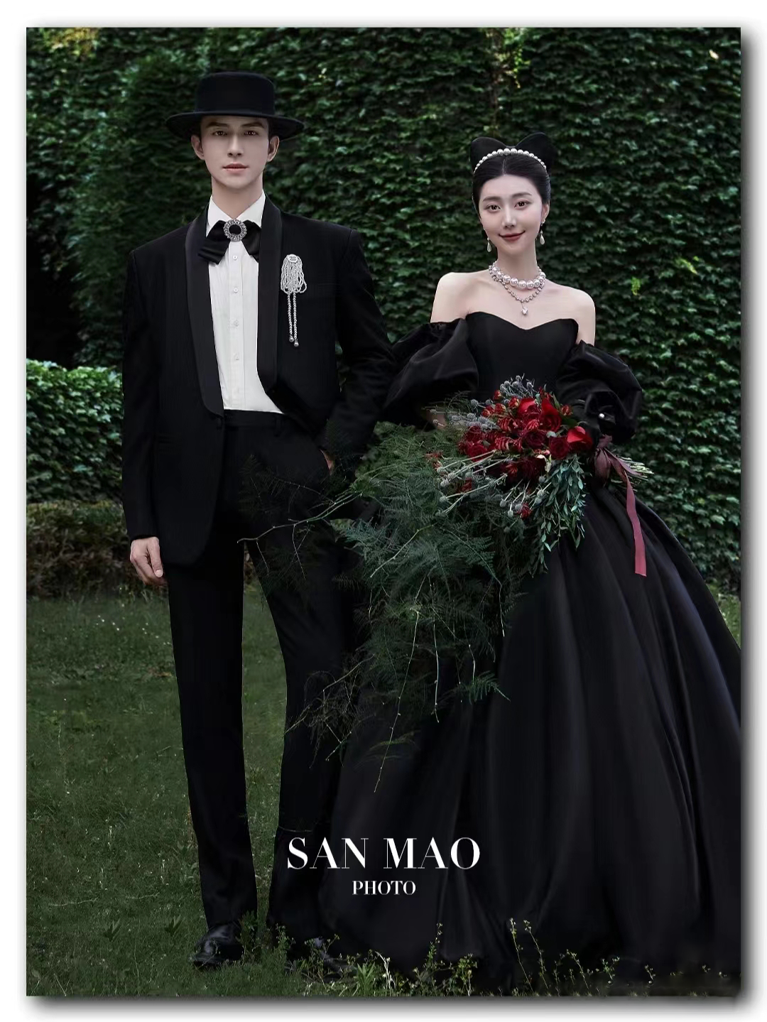 影楼主题拍照服装抹胸婚纱情侣旅拍草坪赫本风黑礼服有袖户外韩版
