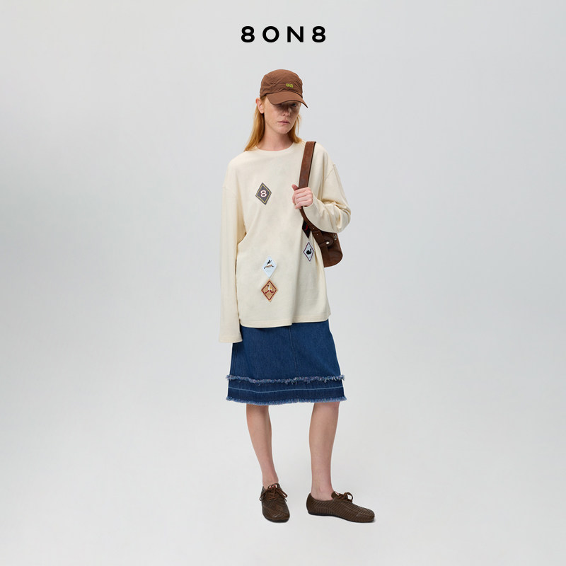 8ON8简约休闲圆领2026春季新款贴布长袖T恤宽松时尚上衣高级感女,女装/女士精品,T恤,淘宝优惠券,粉丝福利购,淘宝优惠卷