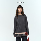 8ON8灰色底边拼接长袖 宽松上衣 设计感简约时尚 T恤女2025秋季 新款