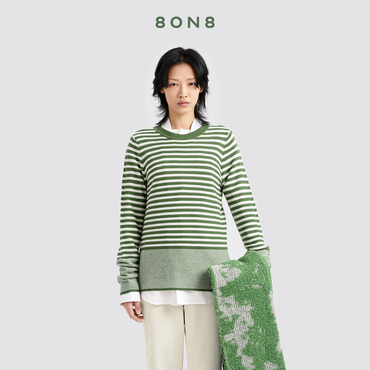 紫色绿色立体条纹套头针织