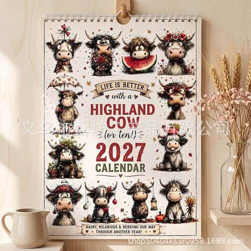 跨境新品2027 Cute Highland Cow Wall Calendar可爱高地牛挂历