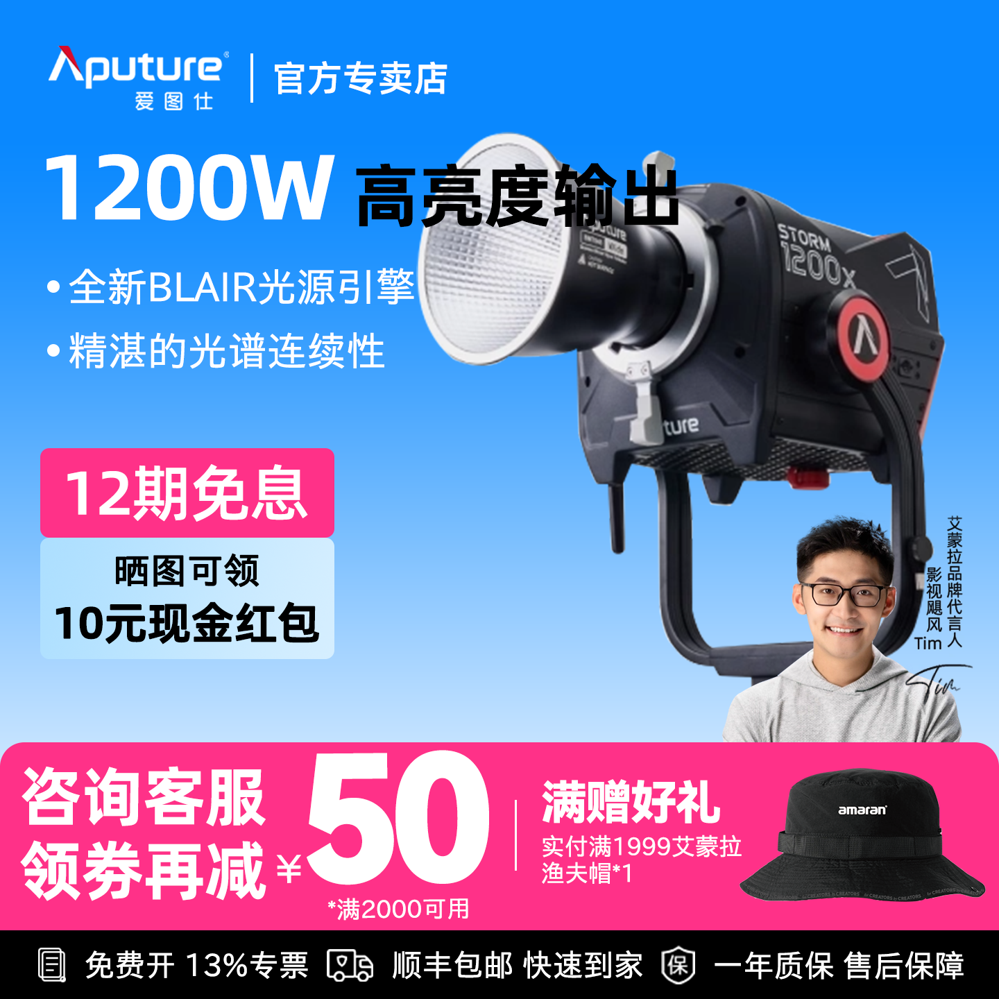 爱图仕STORM 1200x摄影专业补光灯直播间灯光视频拍摄人像发丝美食户外拍照常亮影视灯电影剧组影棚室内打光