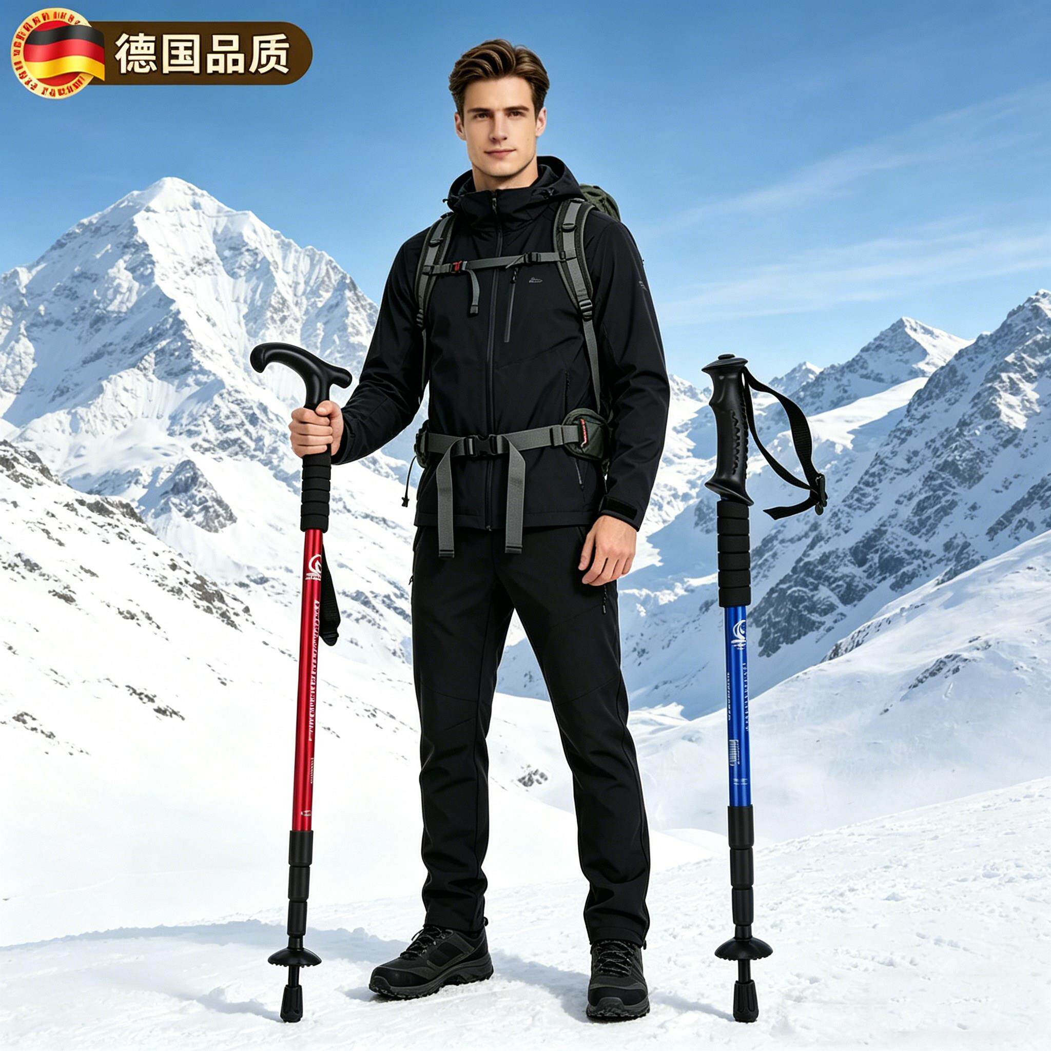 德国新款户外正品登山杖手杖铝合金伸缩杖爬山装备健走登山拐杖