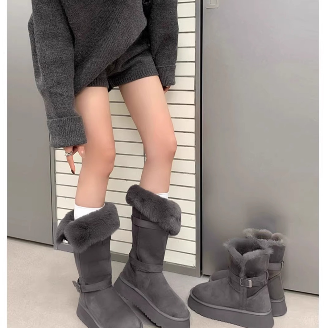 釉子初厚底灰色雪地靴女2025冬季新款两穿长筒加厚保暖高筒靴棉鞋