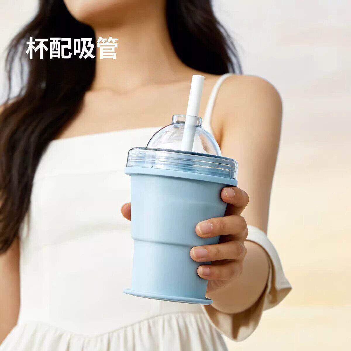 便携折叠冰球杯创意硅胶食品级制冰杯模具自带吸管夏季外出随手杯