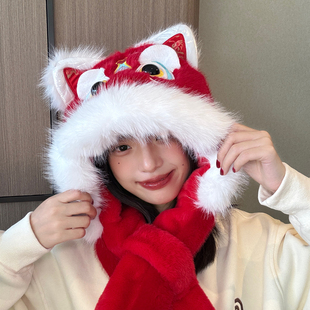 新年国潮风鸿运醒狮毛绒帽子女冬季 中国红刺绣网红耳朵会动护耳帽
