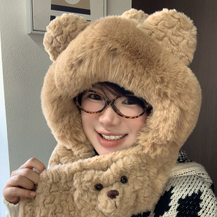 小熊耳朵毛绒帽子围巾一体女冬季 骑车防寒保暖护耳围脖百搭雷锋帽
