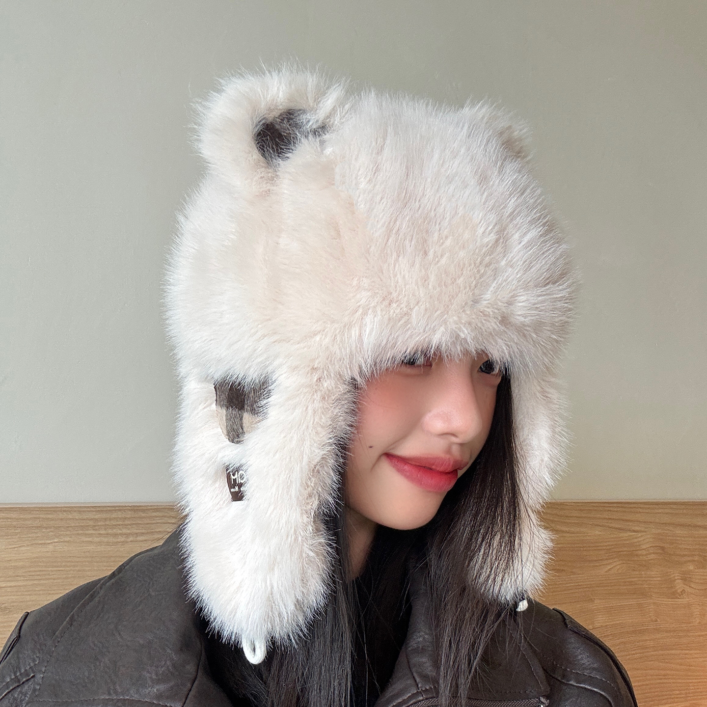 格纹小熊耳朵毛绒帽子女冬季