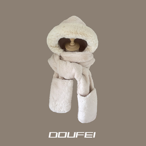 毛绒帽子围巾手套一体加厚三合一