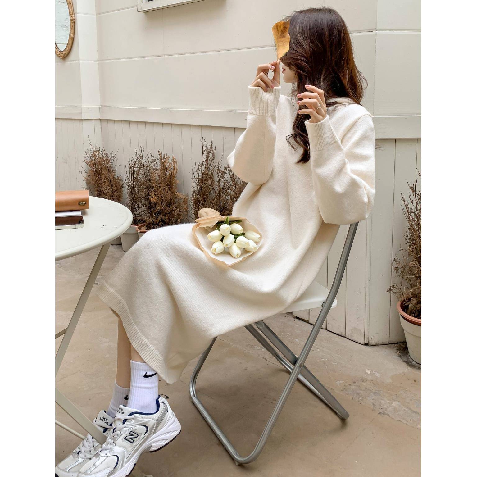 针织连衣裙女秋冬中长款过膝懒人裙内搭毛衣欧货小个子连帽卫衣裙