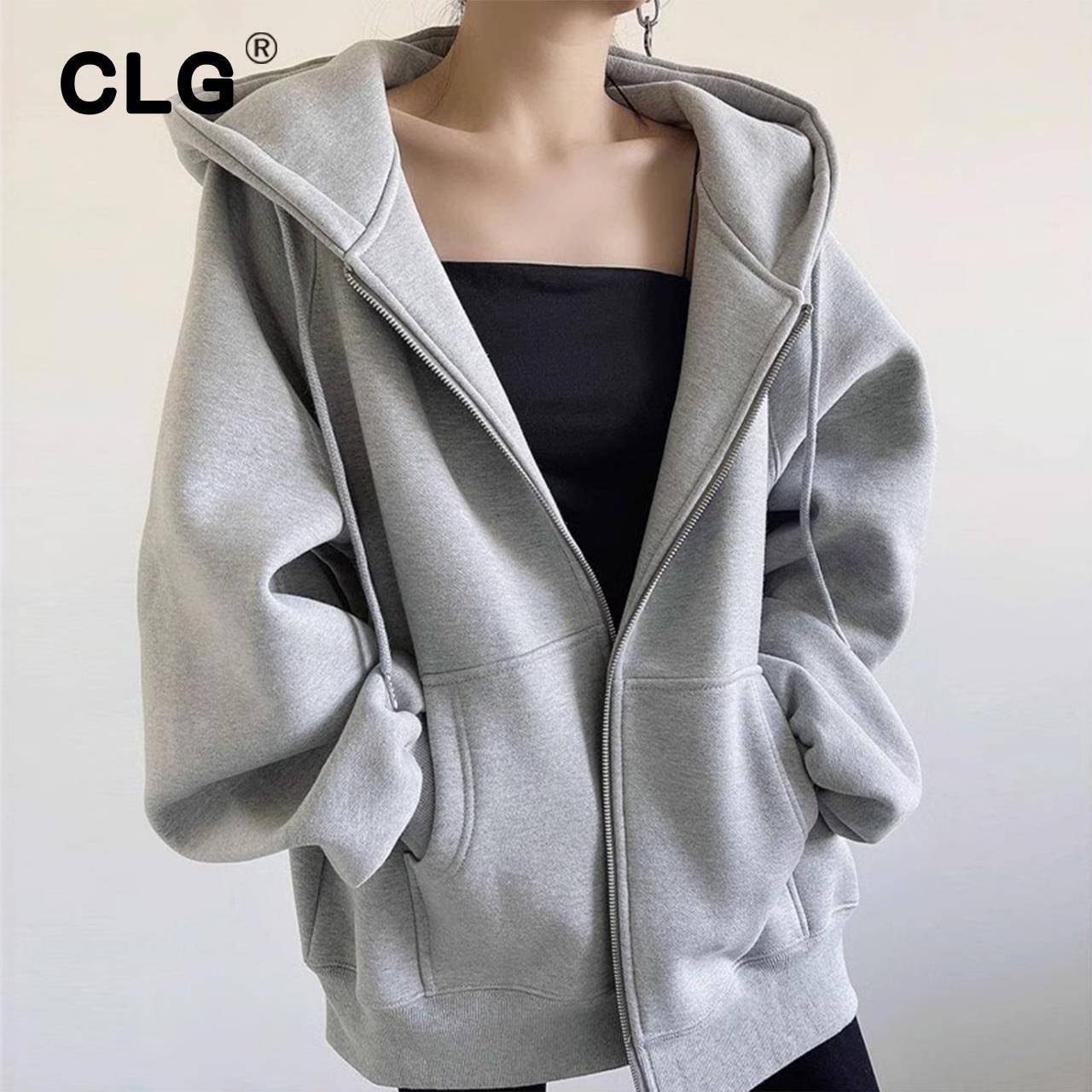 香港潮牌加厚开衫卫衣女秋冬加绒大码外套男宽松简约连帽情侣上衣