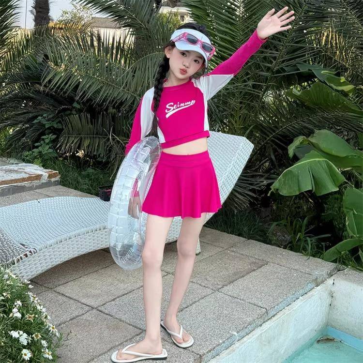 英国Next Kiss女童泳衣夏季2025新款儿童带胸垫大童长袖防晒泳装