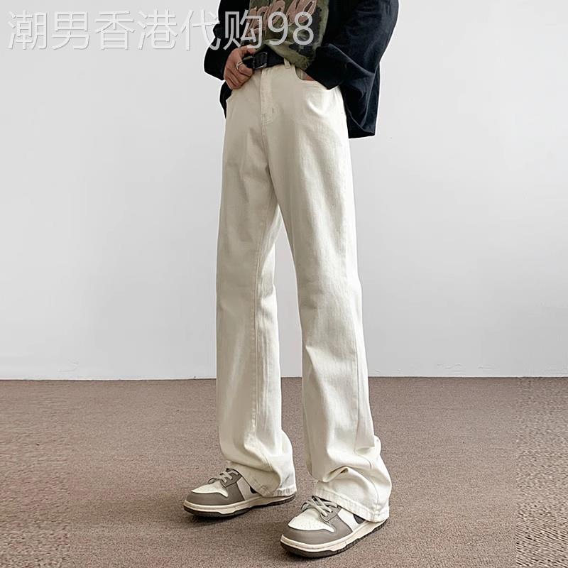 香港潮牌米白色微喇牛仔裤男春夏季美式vibe高街男士垂感直筒裤子