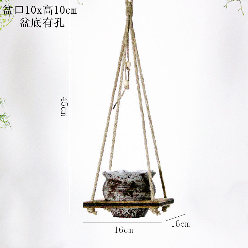 新朗星家居田园悬挂花器实木麻绳吊篮铁皮桶花盆简V约多层吊挂i.