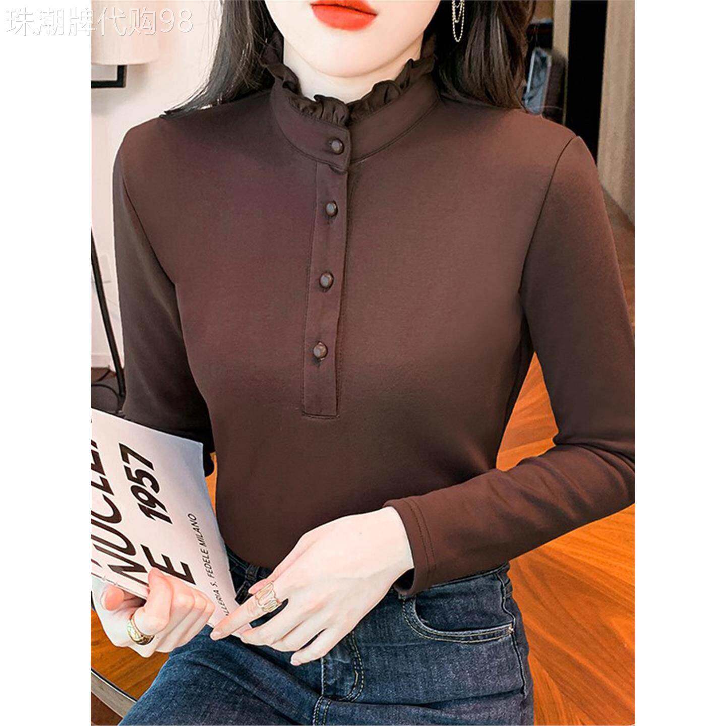 韩国2025新款纯棉丝绒秋冬女式下摆衬衫中老年母亲长袖t恤保暖