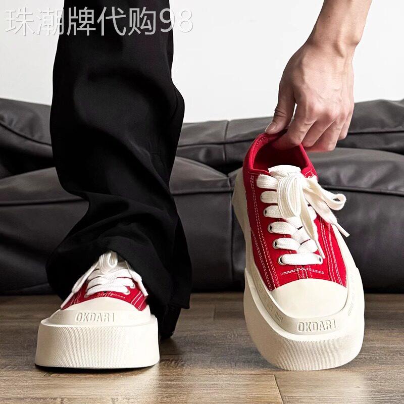 【高品质】孟子义同款方头厚底帆布鞋男红色板鞋运动增高休闲鞋潮