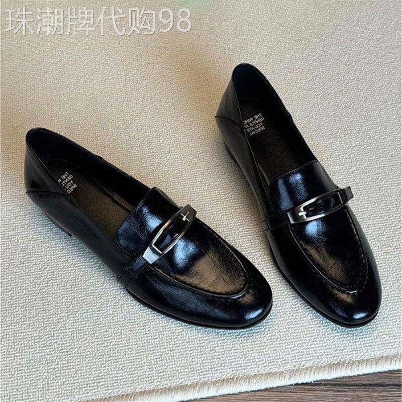 羊皮版复古金属扣一脚蹬乐福鞋女春秋季皮带扣粗中跟通勤小皮鞋潮