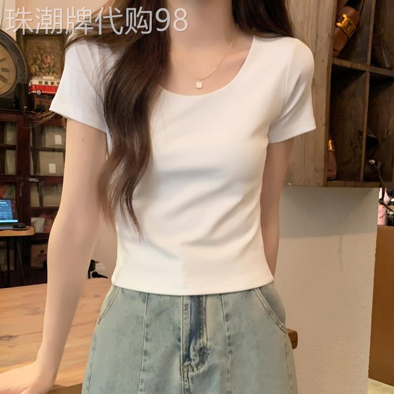 白色圆领露锁骨短袖T恤女新款百搭夏季小个子修身显瘦短款上衣女