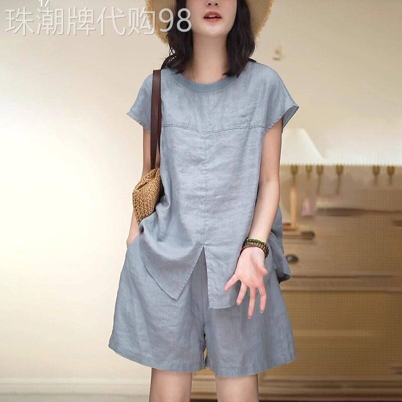 亚麻休闲套装女夏季薄2026新款设计感t恤上衣配短裤松弛感两件套