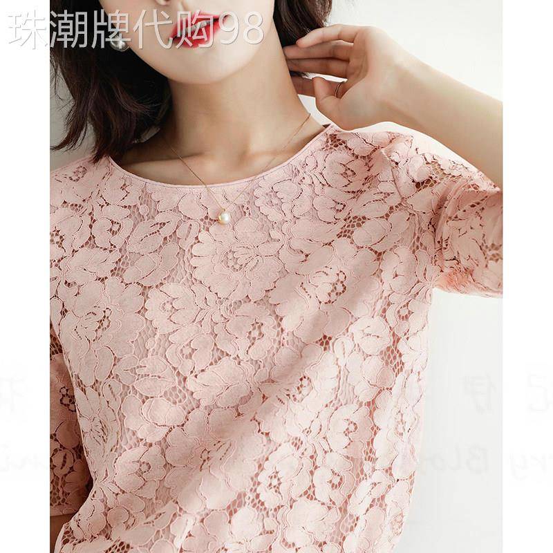 碎花蕾丝短袖t恤女2026夏季新款高端欧货时尚短衬衫粉色圆领短上