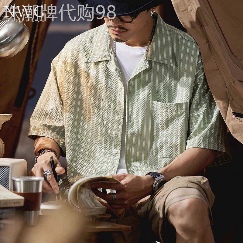 古巴领短袖花衬衫男夏季薄款度假风宽松泡泡纱条纹衬衣男休闲外套