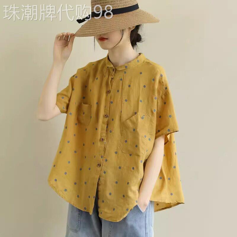 棉麻衬衫女短袖夏季2025新款宽松覆古大尺码显瘦波点设计感亚麻上